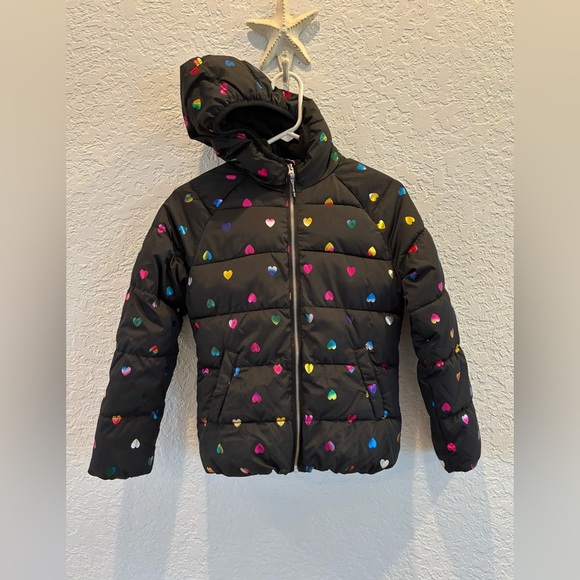 Black and iridescent heart pattern puffer jacket girls size large 10/12 - Picture 1 of 7